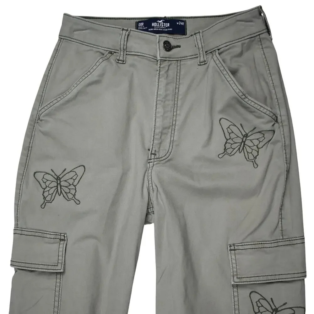 Hollister Women's Cargo Dad Pants 00 / 24 Green Butterfly Ultra High Rise Y2K